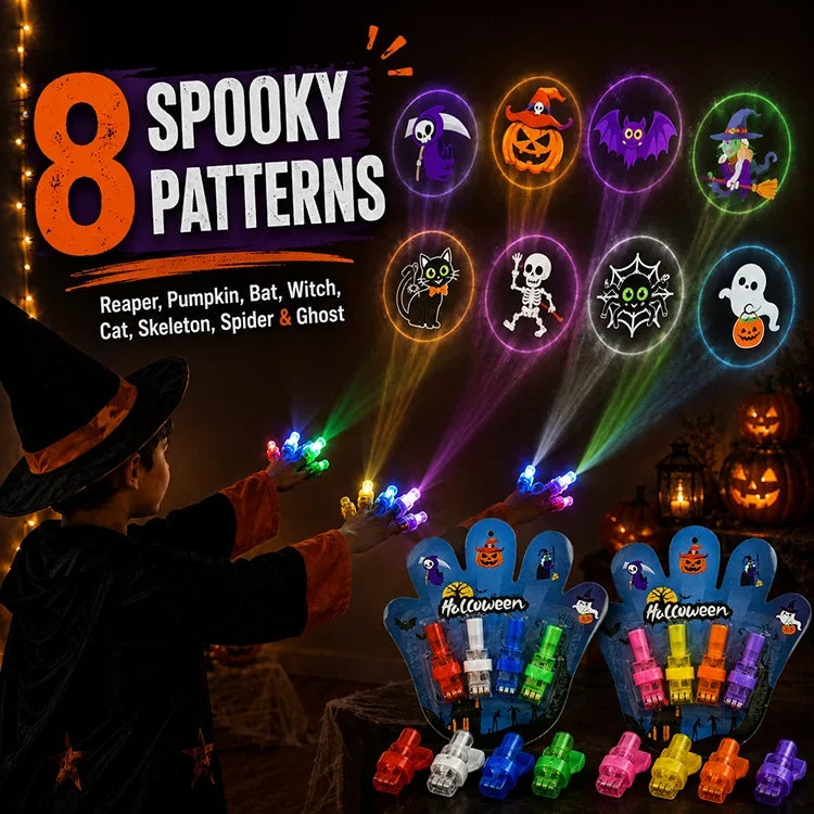 Halloween LED Finger Projector Set – 8 Wearable Lights for Both Hands