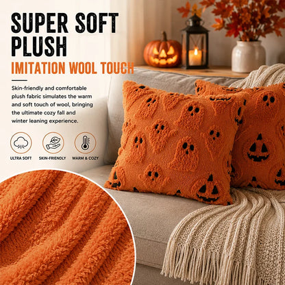 2-Pack Halloween Plush Throw Pillow Covers with 3D Embroidered Ghost & Pumpkin Design