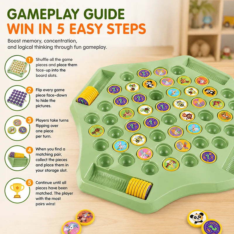 Flip & Match™ DIY Memory Matching Game for Kids | 2–4 Player Educational Family Board Game (Animal • Dinosaur • Fruit • Vehicle)