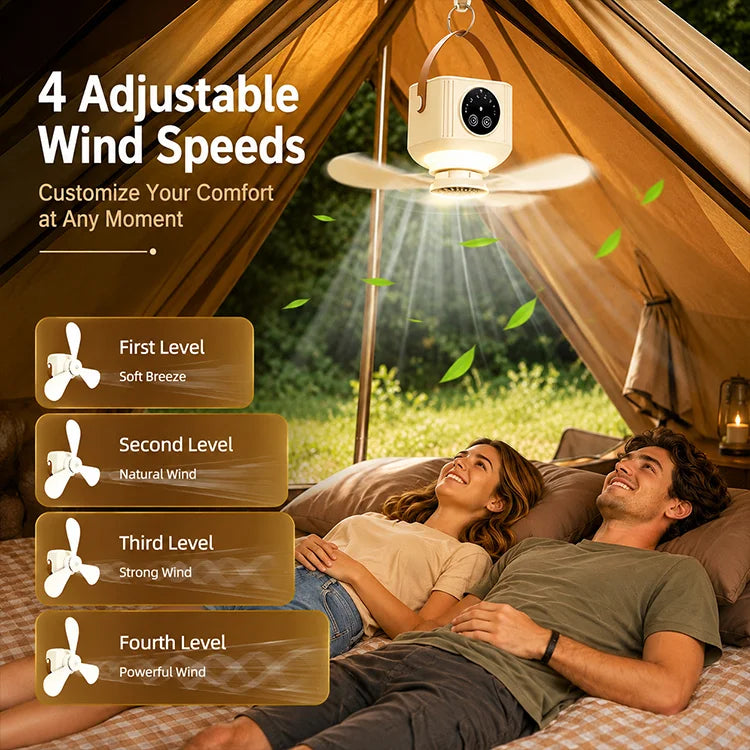 Rechargeable 4-in-1 Portable Camping Ceiling Fan with LED Light, Remote Control & Hanging Hook