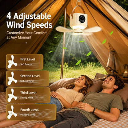 Rechargeable 4-in-1 Portable Camping Ceiling Fan with LED Light, Remote Control & Hanging Hook