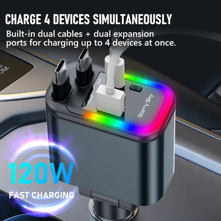 🚗✨ 120W 4-in-1 Retractable Car Charger