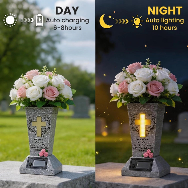 Solar Memorial Cross Flower Vase for Cemetery – Waterproof Grave Decoration with Warm LED Light, Remembrance Gift for Loved Ones