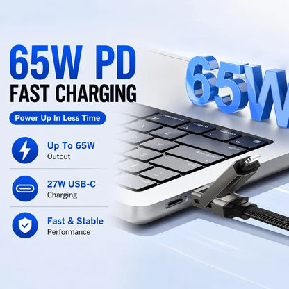 65W Fast Charging 4-in-1 Keychain Cable with Digital Display – USB-C & Lightning Universal Charging Cord