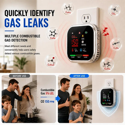 6-in-1 Plug-In Air Quality Monitor – CO, Gas, Smoke, Temperature & Humidity Alert