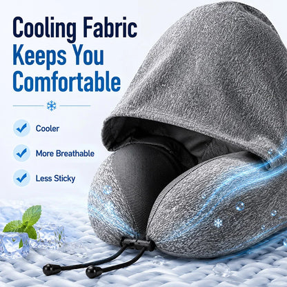 Cooling Hooded Memory Foam Travel Neck Pillow – Ergonomic U-Shaped Airplane Pillow with Privacy Hood & Cooling Fabric for Travel, Office & Naps