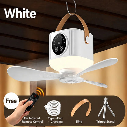 Rechargeable Camping Ceiling Fan with Tripod Stand, LED Light & Remote Control