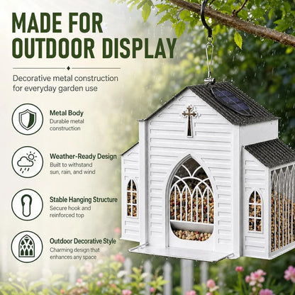 ⛪ Solar Hanging Bird Feeder - Vintage Metal Church Bird Feeder with Solar LED Garden Lantern Light