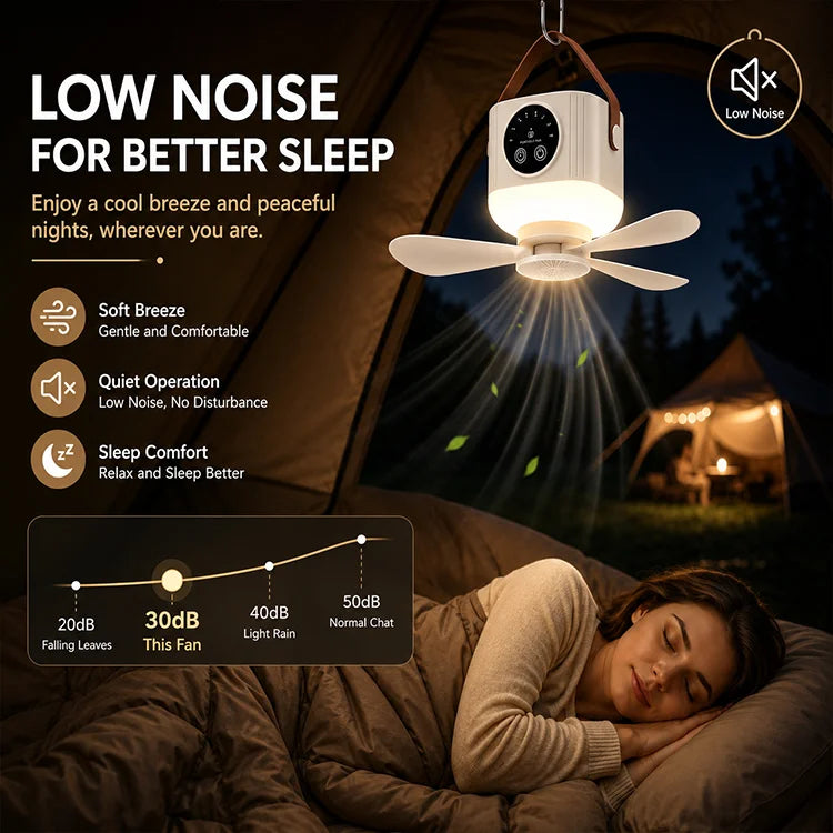 Rechargeable 4-in-1 Portable Camping Ceiling Fan with LED Light, Remote Control & Hanging Hook