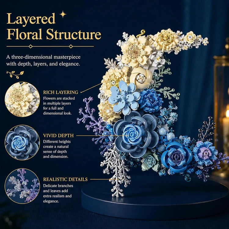 🌙 Moonlit Blossom Building Set - Romantic Crescent Moon Floral Bouquet Building Kit | 935 Pieces Creative Home Decor