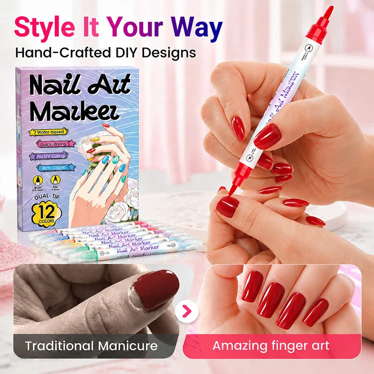 💅 12-Color Precision Nail Art Pen Set - Ultra-Fine 0.5mm & Dual-Tip DIY Nail Design Markers For Salon-Worthy Manicures