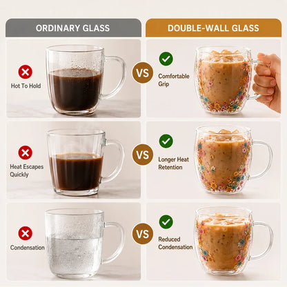 Double Wall Dried Flower Mug – Borosilicate Glass Insulated Coffee & Tea Cup with Handle