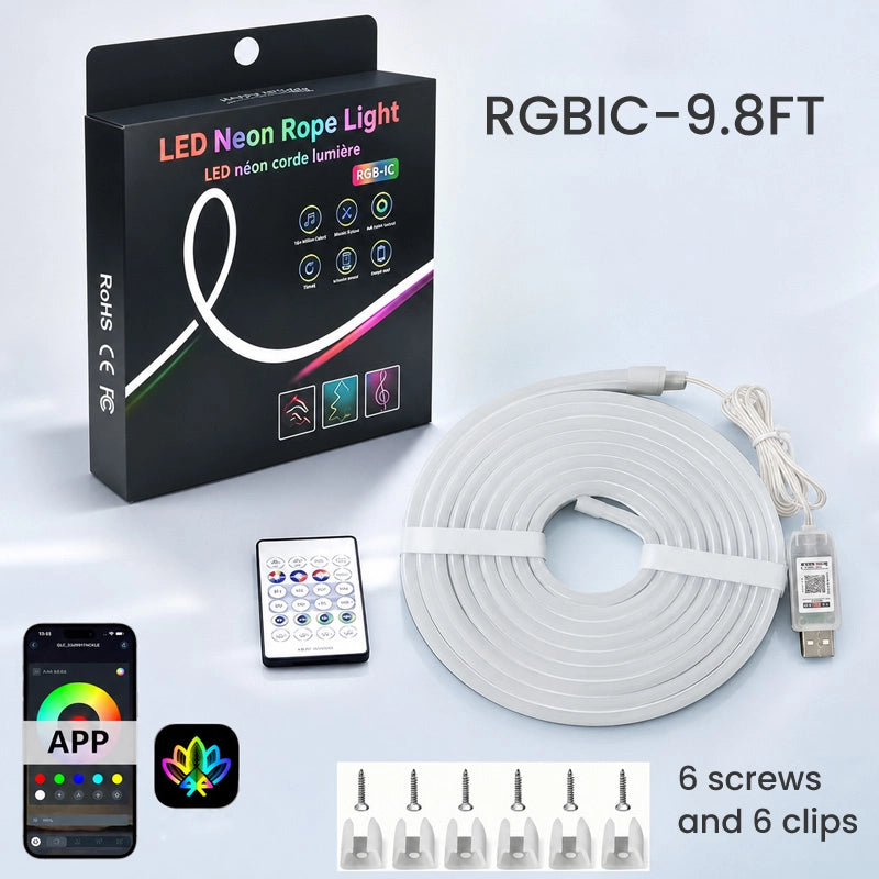 GlowWave - Smart RGB-IC Neon Light Strip · Bluetooth-Controlled Waterproof Flexible LED Chasing Light