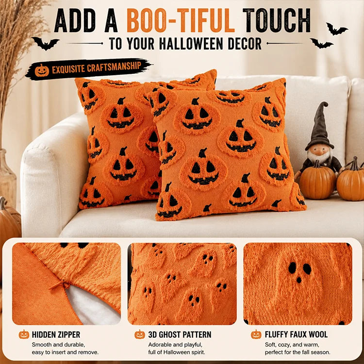 2-Pack Halloween Plush Throw Pillow Covers with 3D Embroidered Ghost & Pumpkin Design