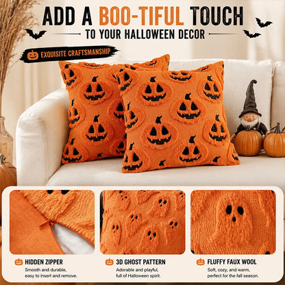2-Pack Halloween Plush Throw Pillow Covers with 3D Embroidered Ghost & Pumpkin Design