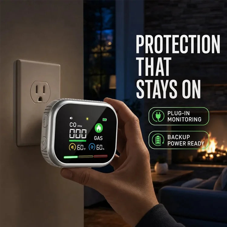 6-in-1 Plug-In Air Quality Monitor – CO, Gas, Smoke, Temperature & Humidity Alert