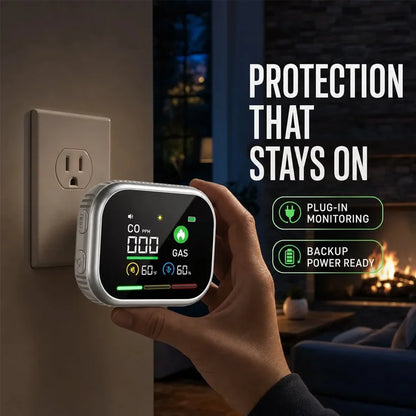 6-in-1 Plug-In Air Quality Monitor – CO, Gas, Smoke, Temperature & Humidity Alert