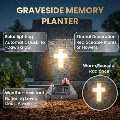 Solar Memorial Cross Flower Vase for Cemetery – Waterproof Grave Decoration with Warm LED Light, Remembrance Gift for Loved Ones