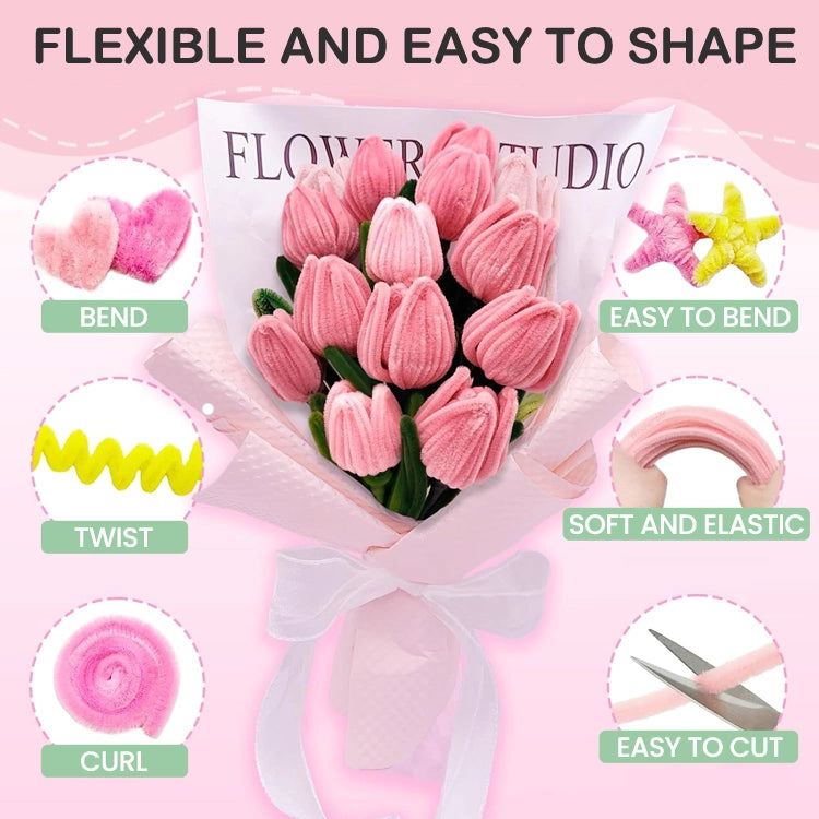 🌸 300pcs DIY Pipe Cleaner Bouquet Kit – Eco-Friendly, Kid-Safe Soft Fuzzy Stems, Flexible Craft Set for Kids