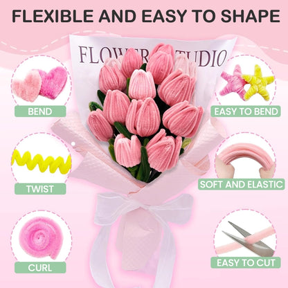 🌸 300pcs DIY Pipe Cleaner Bouquet Kit – Eco-Friendly, Kid-Safe Soft Fuzzy Stems, Flexible Craft Set for Kids