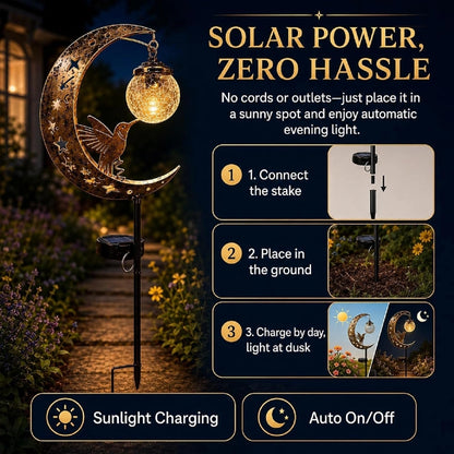 Moon & Hummingbird Solar Garden Stake Light – Waterproof Outdoor Moon Decor for Patio, Yard & Garden