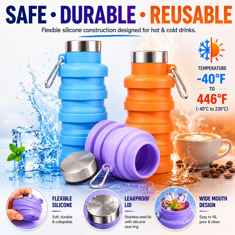 Collapsible Silicone Water Bottle – Leakproof Foldable Travel & Sports Hydration Bottle