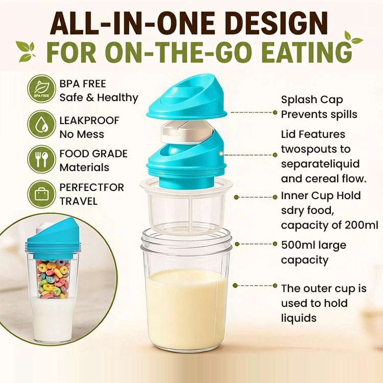 Portable Cereal Cup – Leakproof Breakfast-On-The-Go Container with Dual Food & Milk Compartments