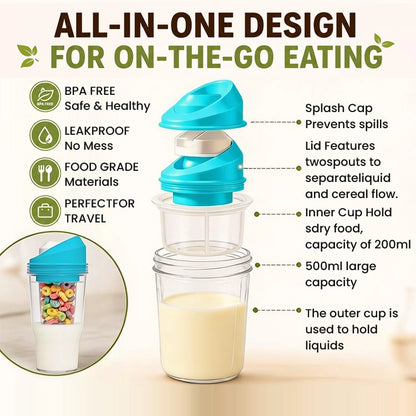 Portable Cereal Cup – Leakproof Breakfast-On-The-Go Container with Dual Food & Milk Compartments