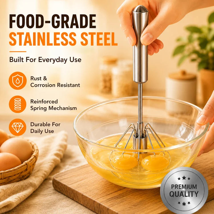 Premium Semi-Automatic Push Whisk – Stainless Steel Hand Push Rotary Egg Beater for Eggs, Baking, Cream & Batter