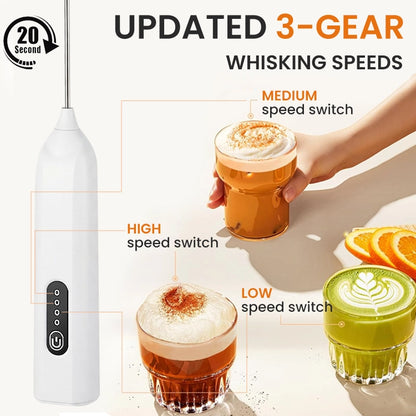 Rechargeable Electric Milk Frother - 3-Speed Handheld Coffee Foam Maker & Mini Kitchen Whisk