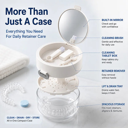 3-in-1 Retainer Cleaner Case with Mirror & Removable Cleaning Basket for Aligners, Mouth Guards & Dentures