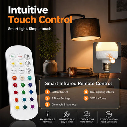💡 15-Color Rechargeable RGB Magnetic LED Light Bulb with Remote Control – Cordless Type-C Ambient Light (Warm White, Cool White & RGB Colors)