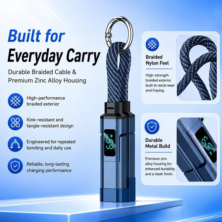 65W Fast Charging 4-in-1 Keychain Cable with Digital Display – USB-C & Lightning Universal Charging Cord