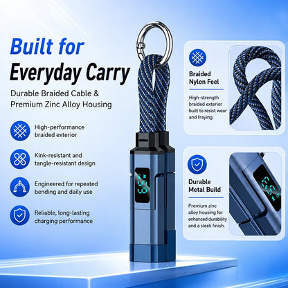 65W Fast Charging 4-in-1 Keychain Cable with Digital Display – USB-C & Lightning Universal Charging Cord