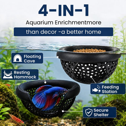 4-in-1 Floating Betta Hide, Feeding Ring & Shrimp Cave – No-Install Aquarium Decor