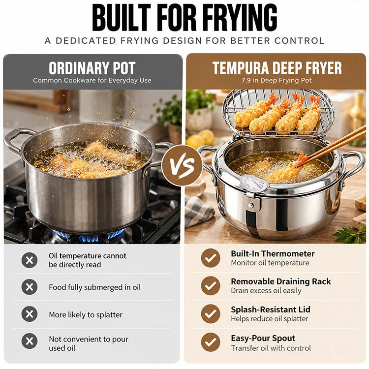Stainless Steel Deep Fryer Pot – Built-In Thermometer & Draining Rack