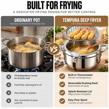 Stainless Steel Deep Fryer Pot – Built-In Thermometer & Draining Rack