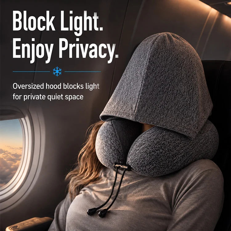 Cooling Hooded Memory Foam Travel Neck Pillow – Ergonomic U-Shaped Airplane Pillow with Privacy Hood & Cooling Fabric for Travel, Office & Naps