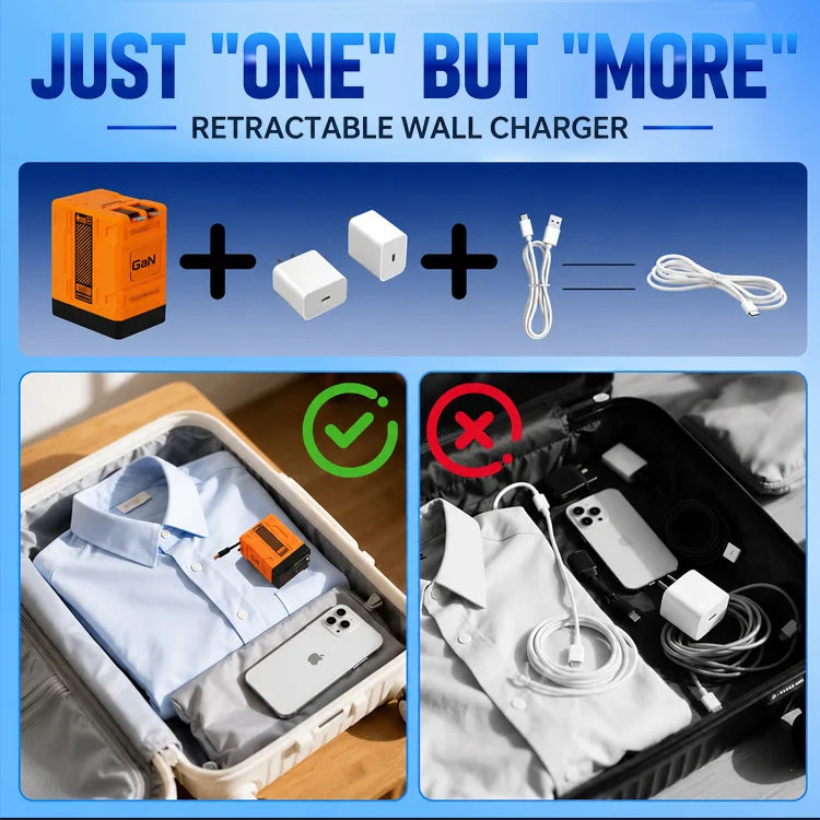 GaN Retractable Wall Charger with Built-In USB-C & Lightning Cables – Dual Fast Charging Travel Adapter