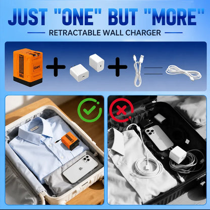 GaN Retractable Wall Charger with Built-In USB-C & Lightning Cables – Dual Fast Charging Travel Adapter