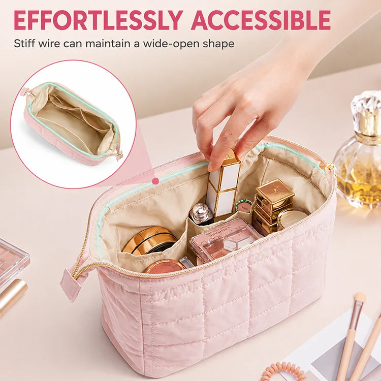 Puffy Quilted Makeup Bag – Large Capacity Travel Cosmetic Organizer, Water-Resistant Toiletry Bag with Multi-Pocket Storage for Women
