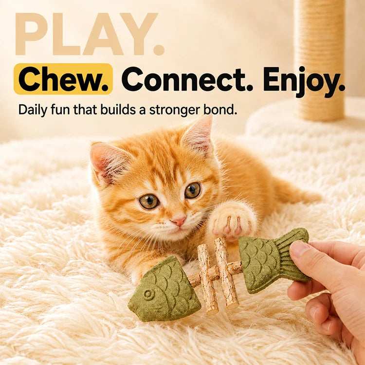 Natural Silvervine Fish Bone Cat Chew Toy – Dental Cleaning Stick, Catnip Enrichment Toy for Indoor Cats