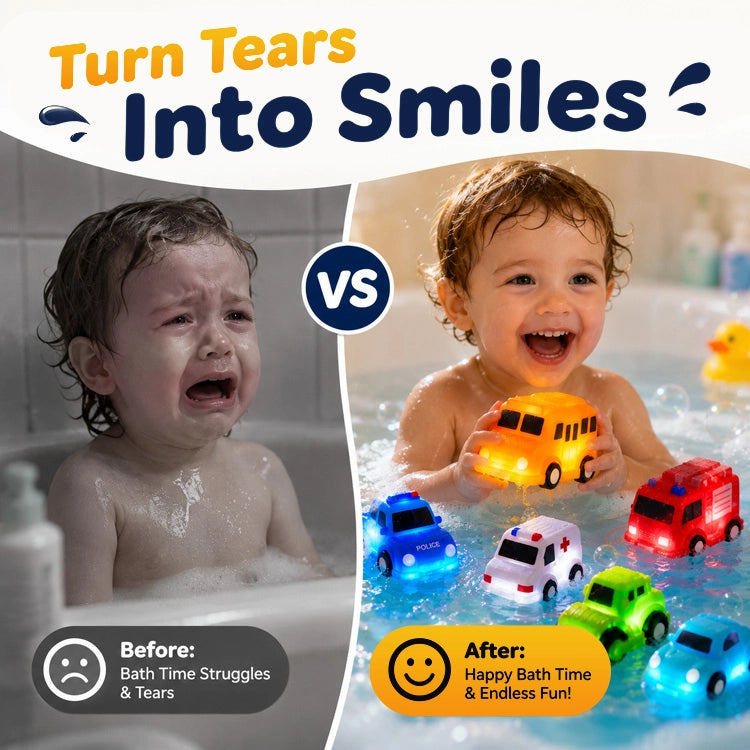 6-Piece Water-Activated LED Light-Up Bath Toy Car Set – Glowing Floating Water Toys for Toddlers