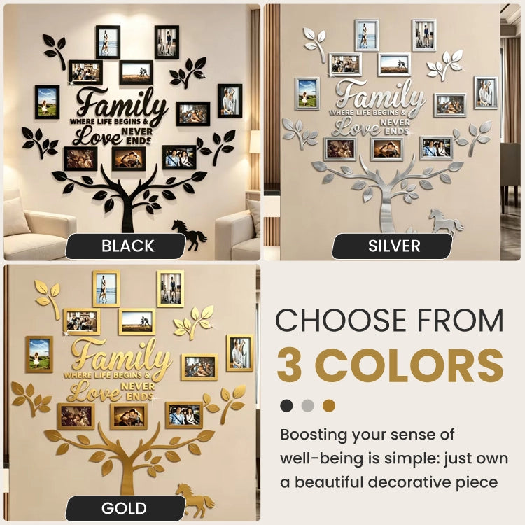 3D Acrylic Family Tree Photo Frame Wall Decor – Self-Adhesive Mirror Wall Art with 10 Picture Frames for Living Room & Home Decoration