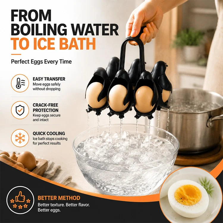 Penguin Egg Boiler Holder – 6-Egg Boiling Rack, Food-Grade Egg Cooker Basket with Easy-Lift Handle for Meal Prep & Kitchen Storage