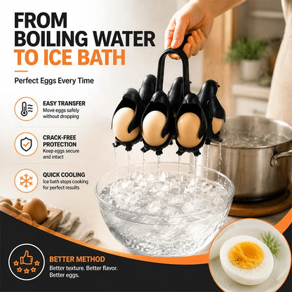 Penguin Egg Boiler Holder – 6-Egg Boiling Rack, Food-Grade Egg Cooker Basket with Easy-Lift Handle for Meal Prep & Kitchen Storage