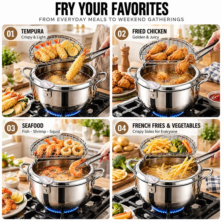 Stainless Steel Deep Fryer Pot – Built-In Thermometer & Draining Rack