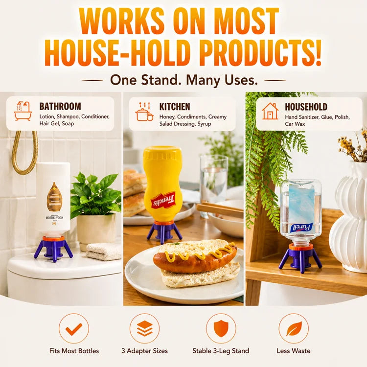 💧 Every Last Drop Bottle Saver Stand Kit – Universal No-Waste Inverted Bottle Holder with 3 Adapters
