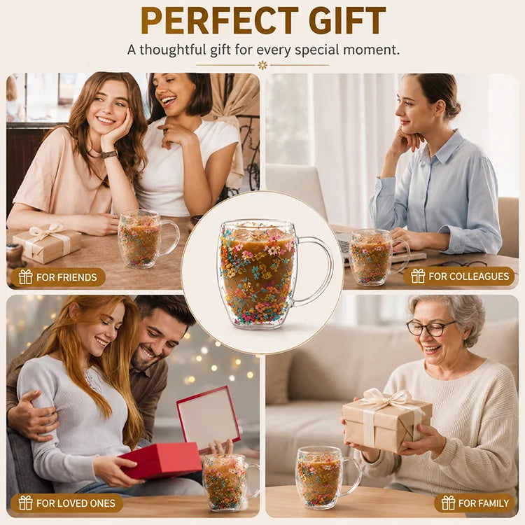 Double Wall Dried Flower Mug – Borosilicate Glass Insulated Coffee & Tea Cup with Handle