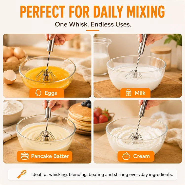 Premium Semi-Automatic Push Whisk – Stainless Steel Hand Push Rotary Egg Beater for Eggs, Baking, Cream & Batter